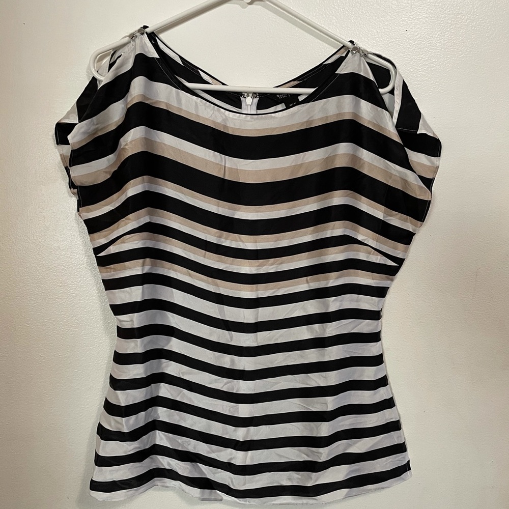 WHBM 100% Silk Black White Striped Boatneck Blouse – Size M